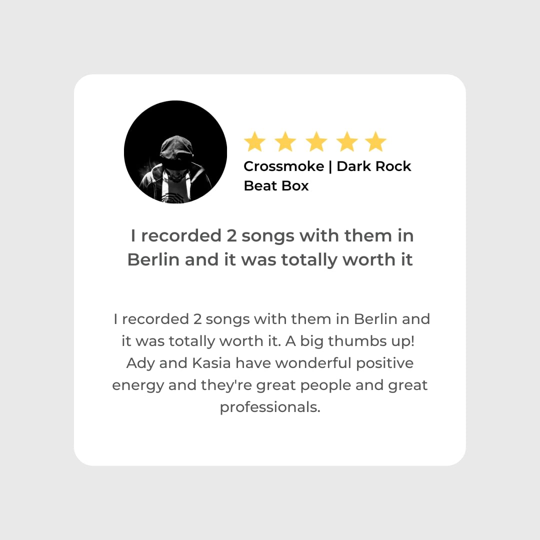 Crossmoke | Dark Rock, Beatbox | Client Review Hit The Road Music Studio | I recorded 2 songs with them in Berlin and it was totally worth it. A big thumbs up! Ady and Kasia have wonderful positive energy and they're great people and great professionals.