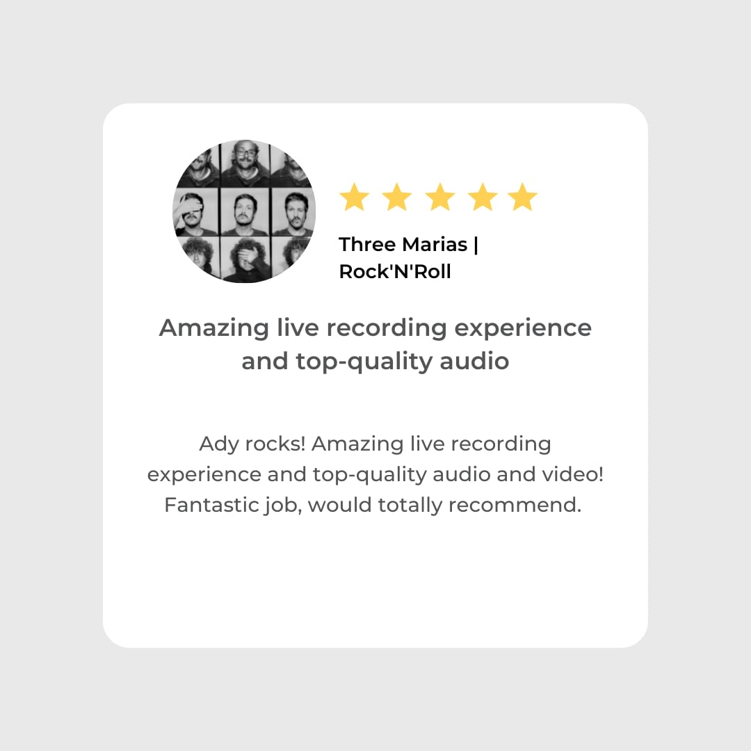 Three Marias | Rock N Roll | Client Review Hit The Road Music Studio | Ady rocks! Amazing live recording experience and top-quality audio and video! Fantastic job, would totally recommend.